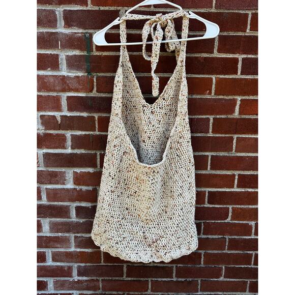 Handmade Crochet Halter Dress Cream Low Back Open Knit Boho Festival - Picture 3 of 4